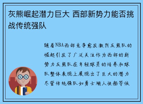 灰熊崛起潜力巨大 西部新势力能否挑战传统强队