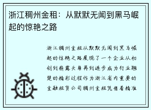 浙江稠州金租:从默默无闻到黑马崛起的惊艳之路 浙江稠州金租:从默默无闻到黑马崛起的惊艳之路