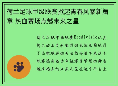 荷兰足球甲级联赛掀起青春风暴新篇章 热血赛场点燃未来之星 荷兰足球甲级联赛掀起青春风暴新篇章 热血赛场点燃未来之星