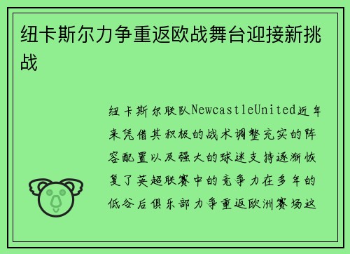 纽卡斯尔力争重返欧战舞台迎接新挑战